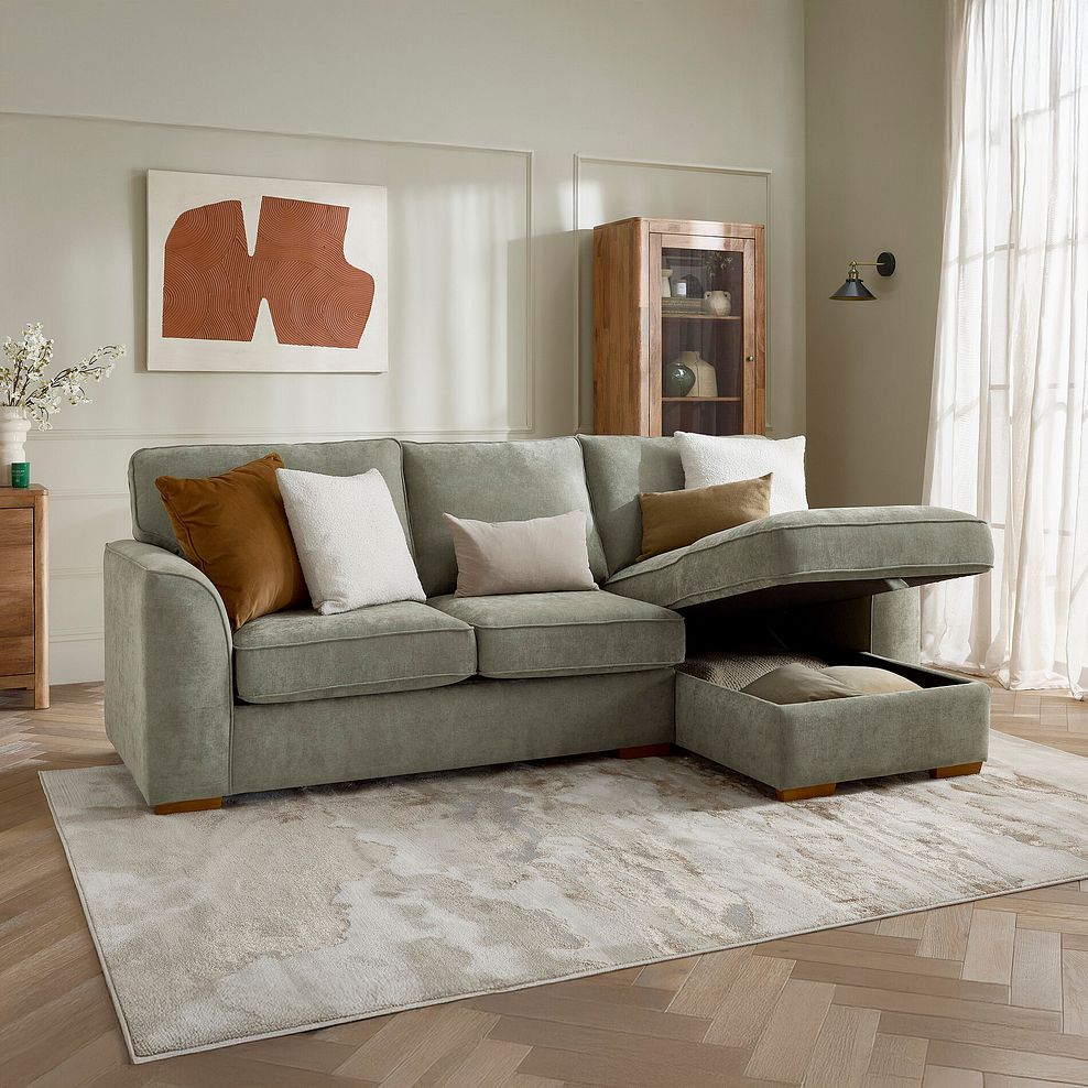 Eastley Right Hand Chaise Sofa Bed with Storage in Limoge Green Fabric with Beige Scatters 2