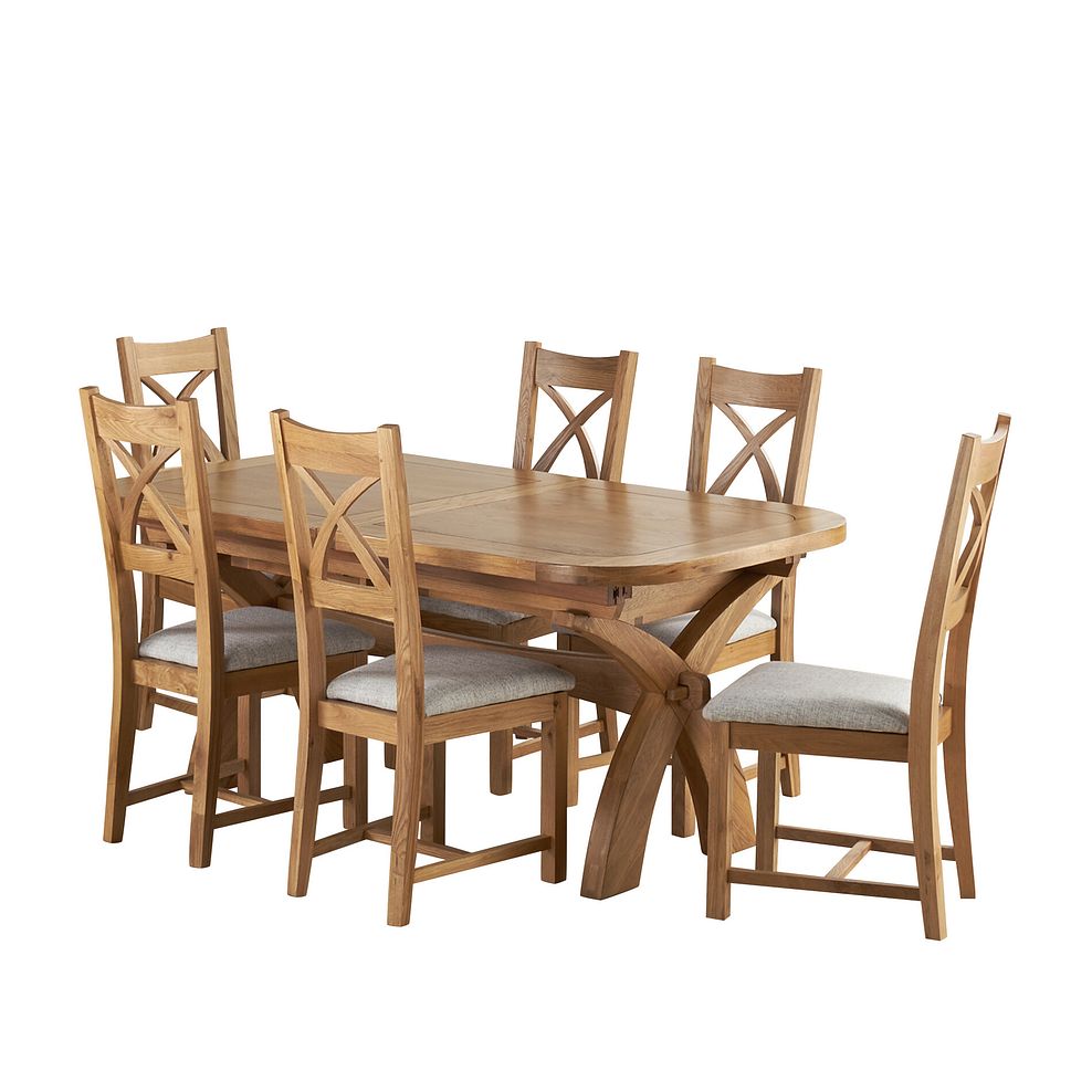 Hercules Natural Oak Extending Dining Table + 6 Cross Back Natural Oak Chairs with Plain Grey Fabric Seat 1