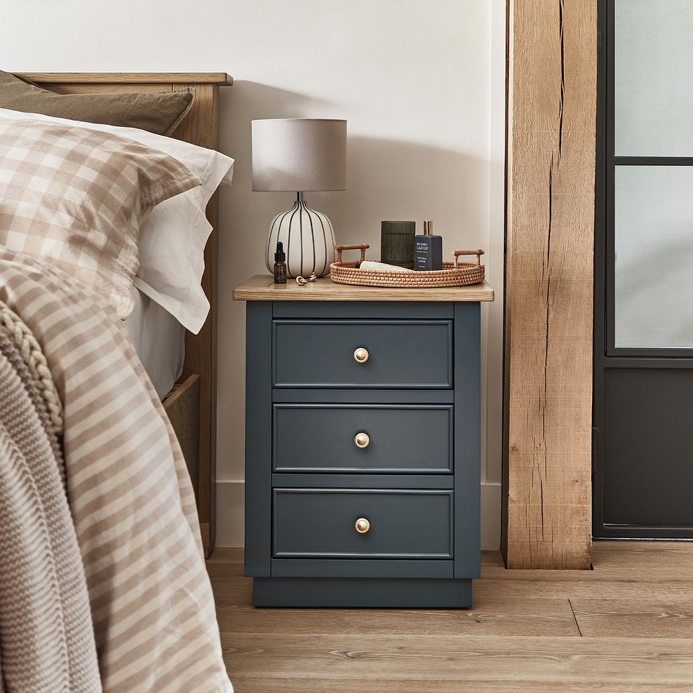 Richmond Smoked Oak Finish and Ink Blue Painted Hardwood 3 Drawer Bedside Table 1
