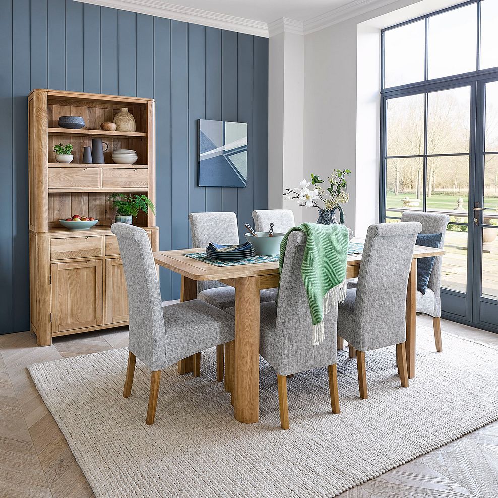 Romsey Natural Solid Oak Extending Dining Table and 6 Scroll Back Plain Grey Fabric Chairs 3