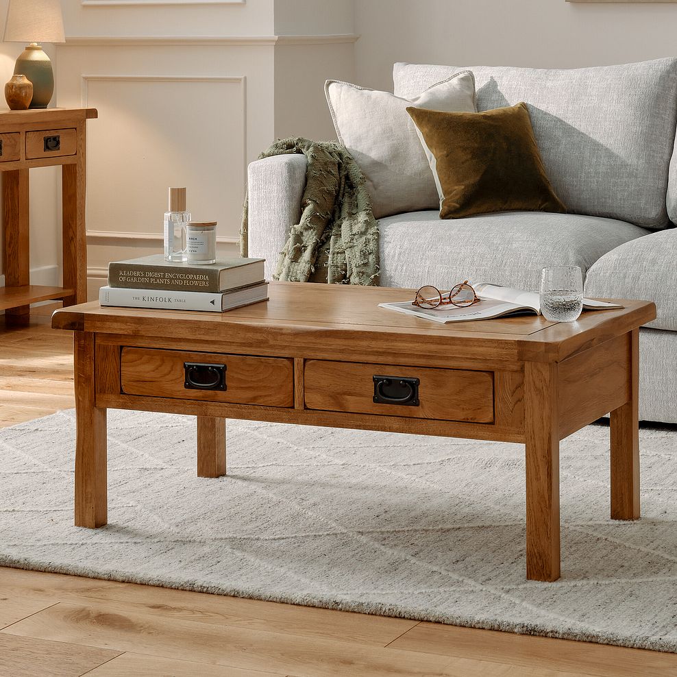 Original Rustic Solid Oak 4 Drawer Storage Coffee Table 2